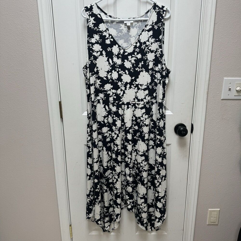J. Jill Floral Print Tank Dress Womens V Neck XL White Black Sleeveless - Picture 1 of 8